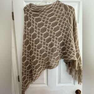 Brown and Cream Geometric Knit Poncho